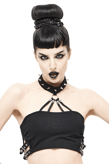Seductive Black Crop Top with Buckles and Spikes